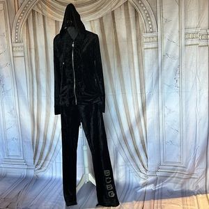 BCBGMAXAZRIA Black jogger ruffle front black rhinestone on hood jacket and pants